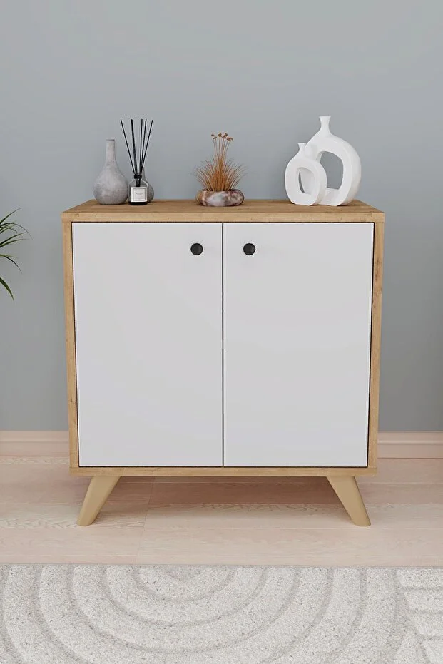 Dekoratif Kitaplık 2 Kapaklı 2 Bölmeli Kitaplık Smyrna Safir Meşe Beyaz